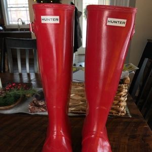 Red tall hunter boots
